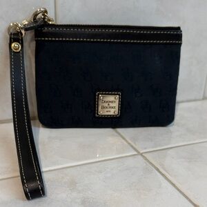 Dooney & Bourke Navy Coated Cotton Wristlet with Dark Brown Leather Strap & Trim